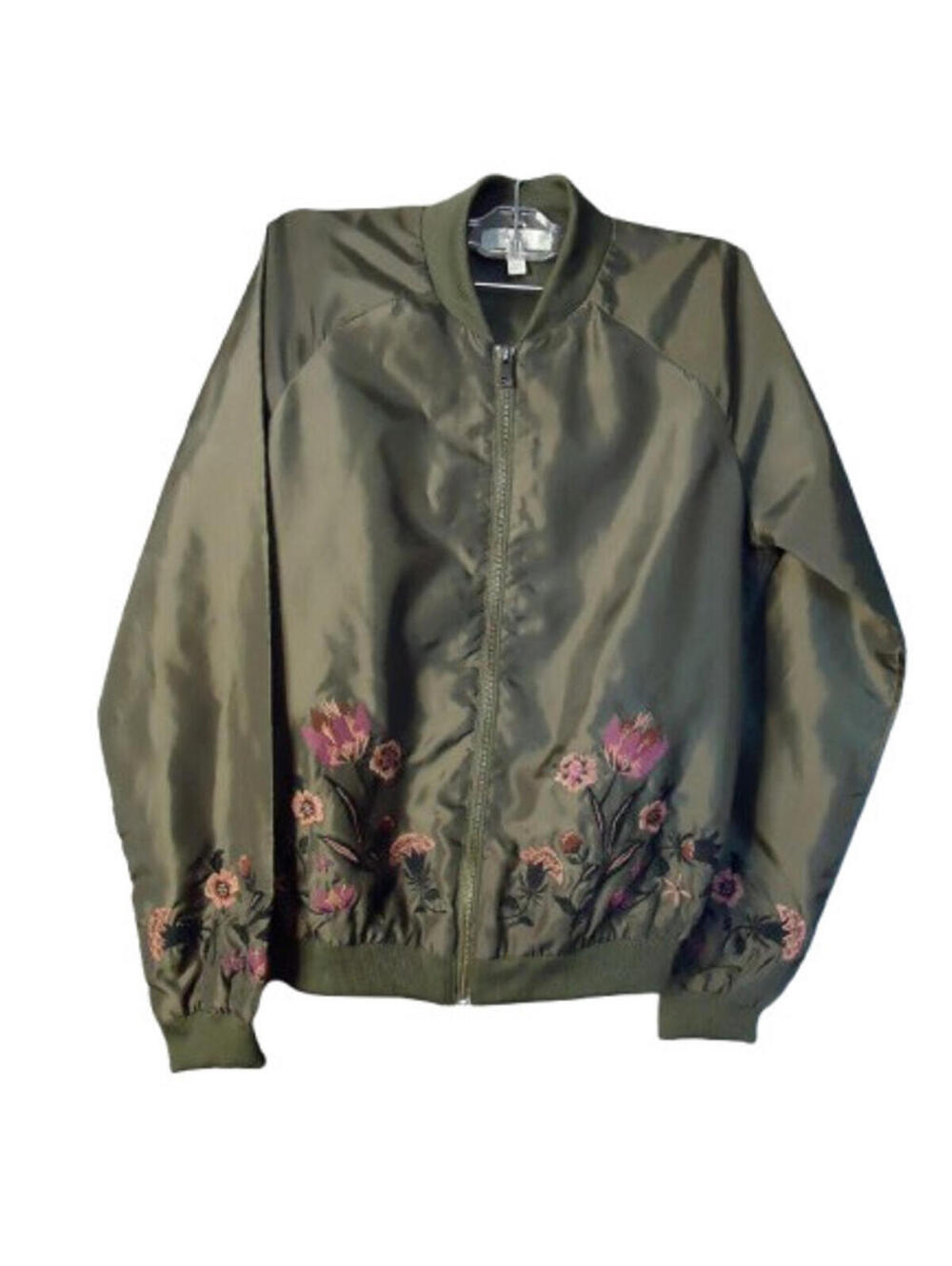 Love Fire Flower Embroidery Full Zip Jacket Womens Size Small Green